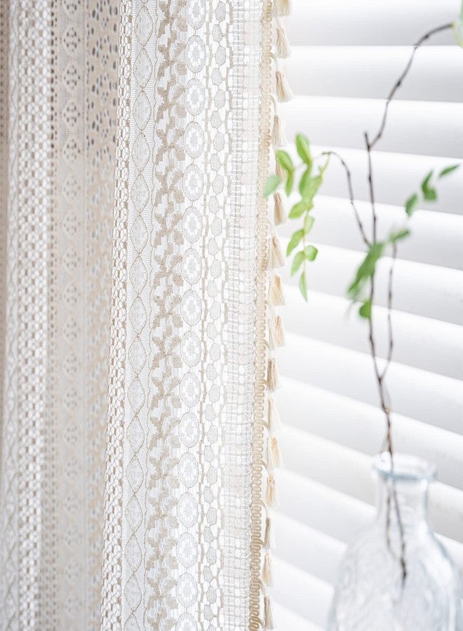 Deeprove ستائر كروشيه دانتيل شفافة من ديبروف، طولها 72 بوصة، ستائر بوهو محبوكة يدويًا مع شرابات مكرمية لغرفة النوم وغرفة المعيشة، ستارة عتيقة الطراز بتصميم شابي شيك، عرض 59 × طول 72 بوصة، لوحة واحدة بلون كريمي - Image 3